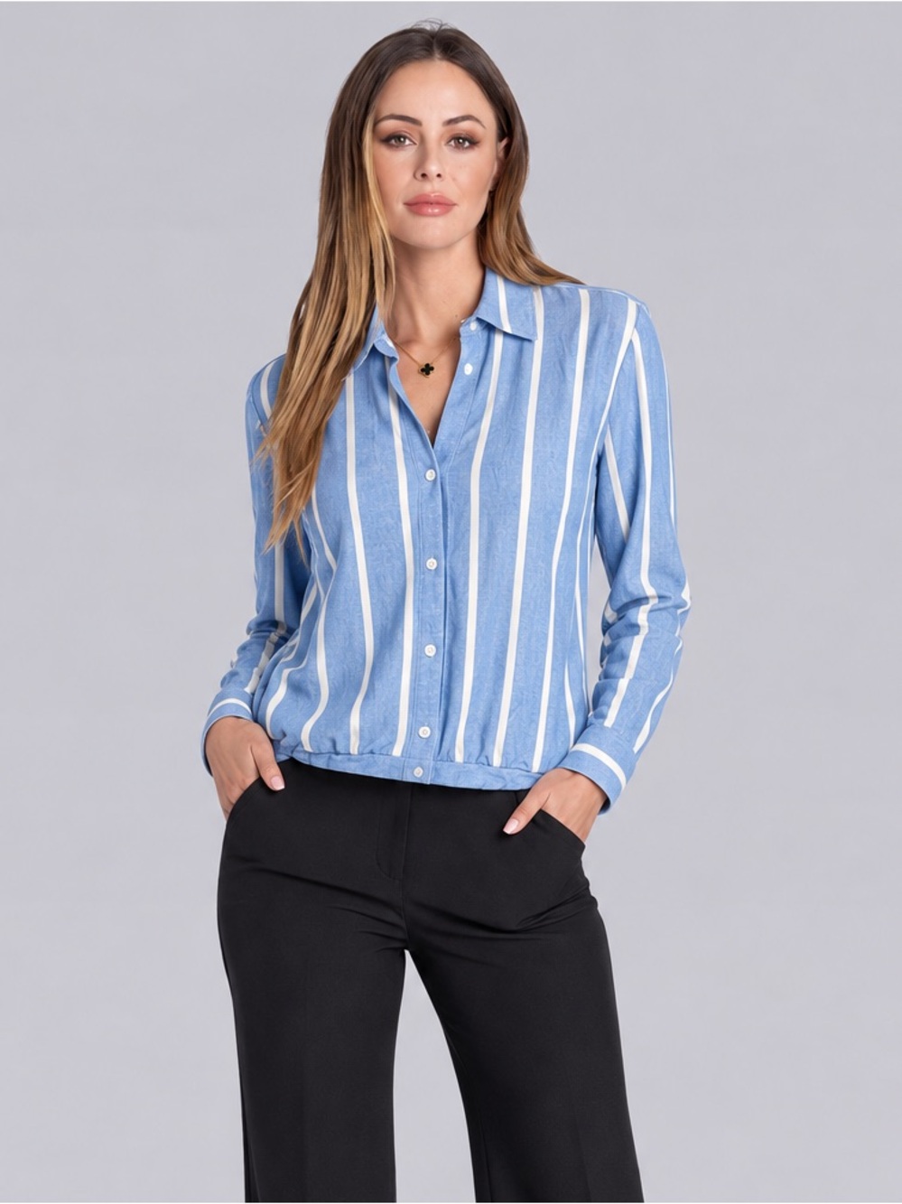 Buttercloth Prestige in Icy Bamboo in Blue Striped long sleeve button down S